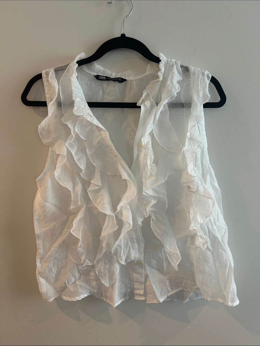 Zara Sheer White Ruffled Sleeveless Button-Up Blouse- Size M